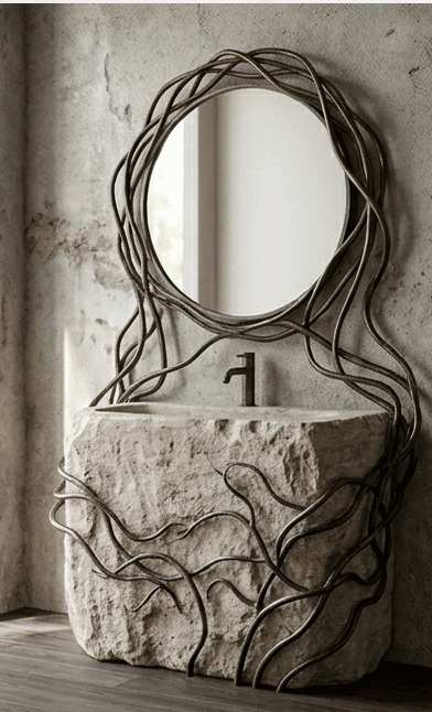A unique bathroom vanity featuring a rough-hewn stone block serving as the base and integrated sink, complemented by an intricate, organic wrought metal frame that resembles entwined vines. This metalwork extends upwards to frame a circular mirror, creating a cohesive and sculptural unit. A minimalist dark-finished faucet is centrally mounted above the basin. — 3D model
