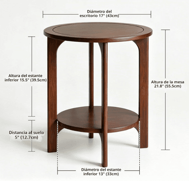 A dark brown, two-tier round side table featuring a smooth, circular top surface and a matching lower shelf. The table is supported by four vertical legs with gently curved upper sections, connecting both the top and bottom tiers. The overall design is clean and contemporary, crafted from polished dark wood. — 3D model