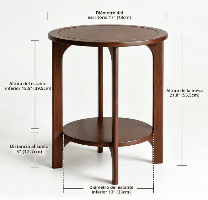 A dark brown, two-tier round side table featuring a smooth, circular top surface and a matching lower shelf. The table is supported by four vertical legs with gently curved upper sections, connecting both the top and bottom tiers. The overall design is clean and contemporary, crafted from polished dark wood. — 3D model