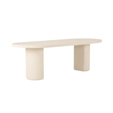 An off-white oval console table featuring a substantial top and two cylindrical pedestal bases, all uniformly finished with a vertical fluted texture. The design is monochromatic and minimalist, emphasizing form and texture. — 3D model