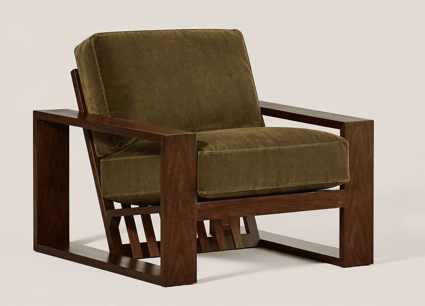 A contemporary armchair with a robust wooden frame and plush velvet upholstery. The frame features a distinct geometric design with thick, rectilinear components for the arms and legs, and a slatted support structure visible at the back. The seat and back cushions are upholstered in a rich olive-green velvet fabric, offering a soft texture contrast to the hardwood. — 3D model