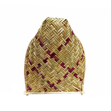 A traditional handwoven bamboo winnowing basket, characterized by its shallow, scoop-like form with a flat base and raised, curved edges. The weave features a distinct herringbone pattern created by alternating lighter and slightly darker bamboo strips, suggesting different natural shades or processing. The rim is reinforced with thicker bamboo strips, and the corners or handles are secured with wrapped twine. — 3D model