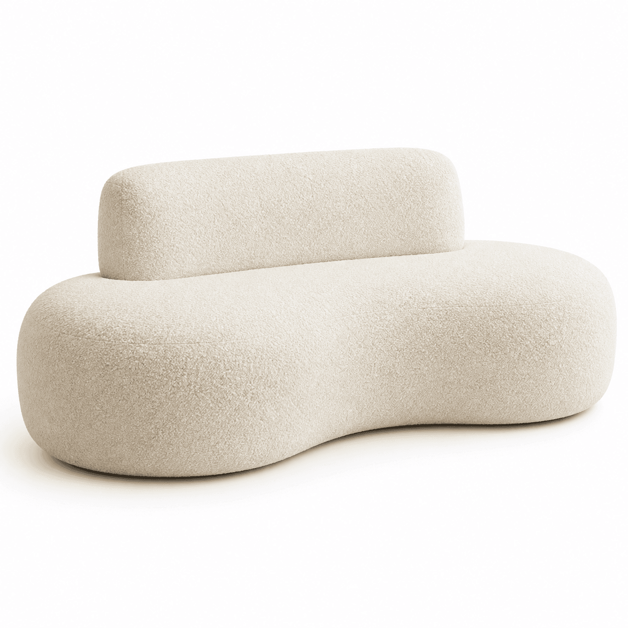 A contemporary two or three-seater sofa featuring a distinctive organic, biomorphic shape, fully upholstered in a textured, light beige bouclé fabric. The design is characterized by its continuous, rounded contours and an integrated low-profile backrest. — 3D model