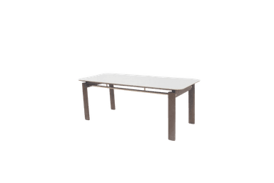 A modern rectangular dining table with a light-colored, possibly white or light gray, tabletop featuring rounded corners. The table is supported by four sturdy, straight legs, likely made from painted metal or dark-finished wood, with a horizontal stretcher bar connecting the legs on the longer sides. — 3D model