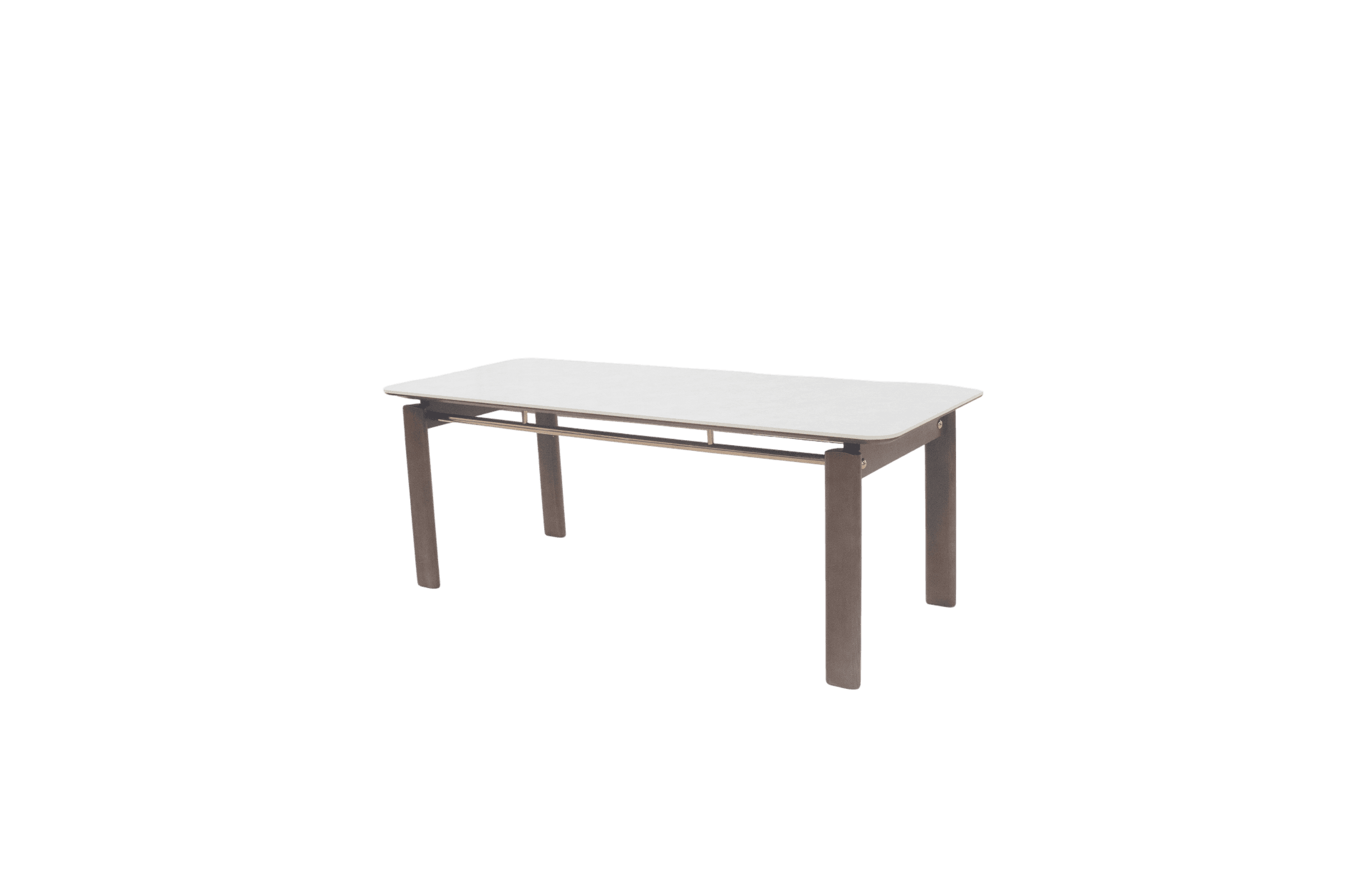 A modern rectangular dining table with a light-colored, possibly white or light gray, tabletop featuring rounded corners. The table is supported by four sturdy, straight legs, likely made from painted metal or dark-finished wood, with a horizontal stretcher bar connecting the legs on the longer sides. — 3D model