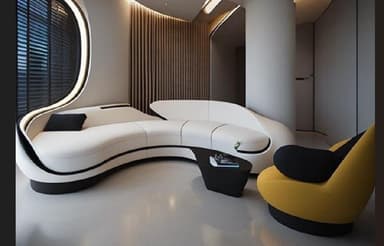 A highly stylized, contemporary sectional sofa featuring a distinctive curvilinear and asymmetrical form. It is upholstered in white material with contrasting black piping and integrated black base elements, giving it a sleek, two-tone appearance. — 3D model