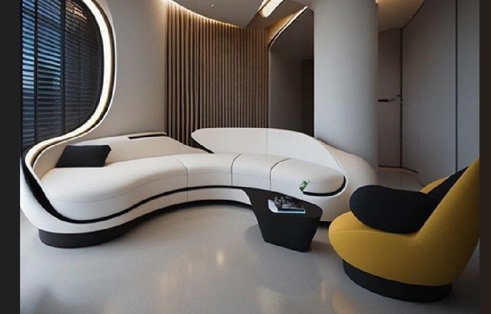 A highly stylized, contemporary sectional sofa featuring a distinctive curvilinear and asymmetrical form. It is upholstered in white material with contrasting black piping and integrated black base elements, giving it a sleek, two-tone appearance. — 3D model
