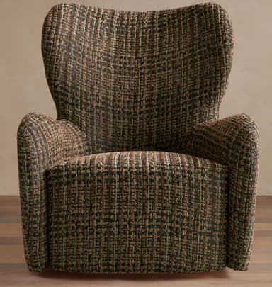 A contemporary upholstered lounge chair with a high, slightly curved back and integrated, rolled armrests, featuring a textured, multi-tonal tweed-like fabric. — 3D model