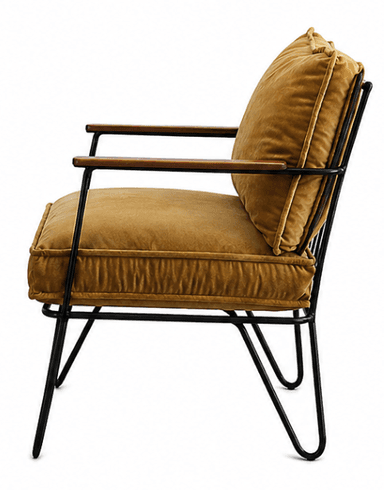 A contemporary armchair with a thin, black metal frame and arms topped with polished wood. The chair features plush cushions for the seat and back, upholstered in a textured, golden-brown fabric. The backrest is supported by a series of thin, vertical metal rods. — 3D model