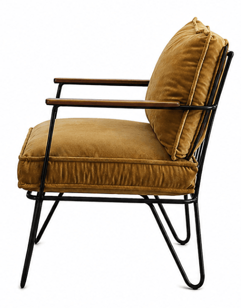 A contemporary armchair with a thin, black metal frame and arms topped with polished wood. The chair features plush cushions for the seat and back, upholstered in a textured, golden-brown fabric. The backrest is supported by a series of thin, vertical metal rods. — 3D model