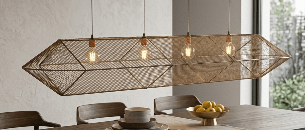 A long, linear pendant light fixture featuring a geometric, faceted frame constructed from fine bronze-toned metal mesh. Four exposed filament light bulbs are suspended within the mesh structure, each housed in a small, cylindrical wooden holder. The fixture hangs from the ceiling by multiple slender cords, creating a modern industrial aesthetic. — 3D model