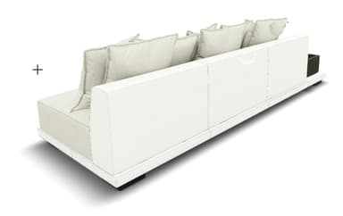 A contemporary, low-profile sofa with a modular design. It features a white base frame and a large, flat seat cushion. Several rectangular, off-white throw pillows are arranged against the back. A dark brown, rectangular side table is attached to the left side of the sofa. The overall aesthetic suggests an outdoor or lounge setting. — 3D model