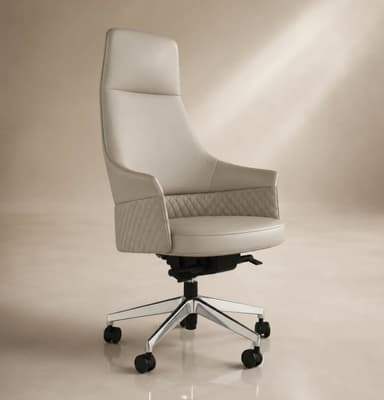 A high-backed executive office chair featuring light beige upholstery, possibly leather or high-quality faux leather. The chair has integrated armrests with a distinctive diamond-quilted pattern on their exterior sides. It is supported by a five-star polished metal base equipped with casters for mobility and an adjustable swivel mechanism visible beneath the seat. The backrest is tall and provides ample support, indicating an ergonomic design suitable for prolonged use. — 3D model