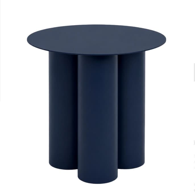 A minimalist dark blue side table, featuring a circular table top supported by three robust cylindrical legs. The design is monochromatic and clean, suggesting a modern aesthetic. — 3D model