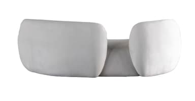 A modern upholstered lounge chair featuring a distinctive organic and curvilinear form. The chair is fully upholstered in a light, neutral fabric, with a low, rounded backrest that flows seamlessly into integrated, wide armrests. Its overall silhouette is characterized by soft, plump contours, suggesting comfort and a sculptural presence. — 3D model