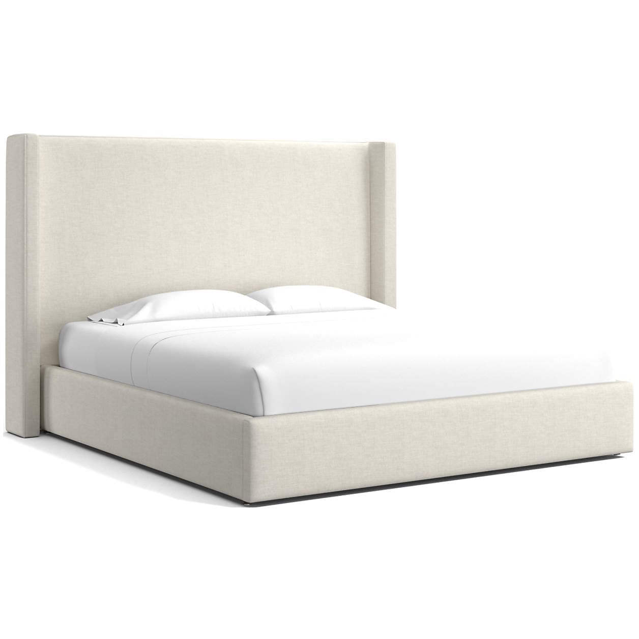 An upholstered platform bed featuring a tall, winged headboard and a fabric-covered frame, presented in a light neutral color against a white background. — 3D model