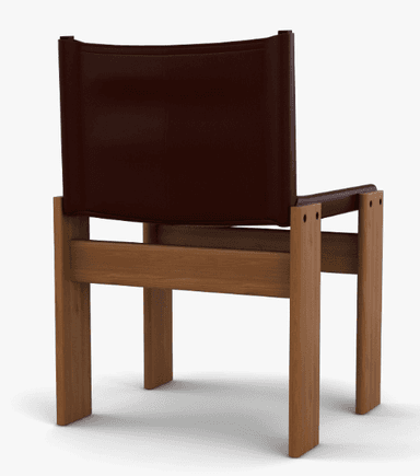 A modern armchair with a wooden frame and a dark brown leather seat and backrest. The frame consists of four vertical legs and horizontal supports. The seat and back are formed from a single piece of material draped over the frame. — 3D model