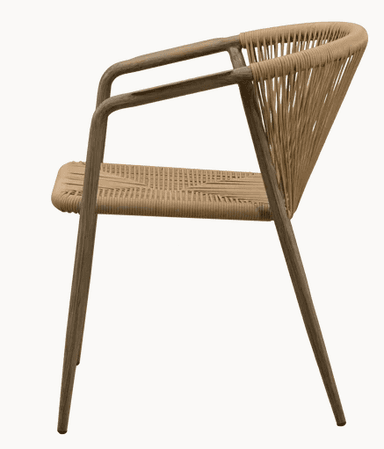An armchair with a natural wood frame and a seat and backrest crafted from tightly woven rope. The chair features curved armrests that integrate into the back support, and four tapered legs. The overall aesthetic is contemporary and suitable for both indoor and outdoor settings. — 3D model