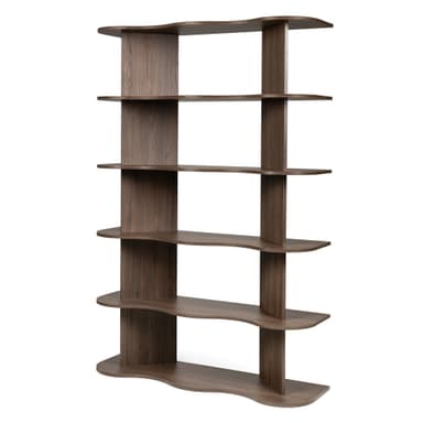 A tall, open bookshelf with a dark wood veneer finish. The bookshelf features five shelves with a distinctive wave-like or undulating contour on the front edge. It has a vertical support structure on each side and in the center, creating a multi-level display area. The overall design is modern and organic. — 3D model