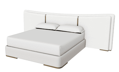 A modern upholstered bed with a striking curved headboard extending to the sides. The headboard is primarily white with subtle horizontal seam details and decorative brass-colored accents. The bed frame is low-profile and also upholstered in a light neutral color, possibly white or a very light gray. It rests on short, minimalist feet with brass-colored trim at the corners. Two white pillows are placed on the mattress, which is covered with white bedding. — 3D model