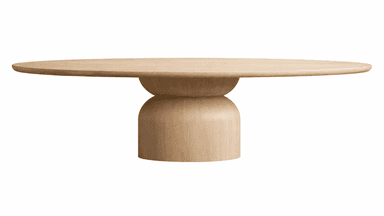 A modern coffee table with an elongated oval top and a distinctive sculptural pedestal base, crafted from light-toned wood with visible grain. The base consists of two stacked, organically rounded, bulbous forms, creating a contemporary and artistic aesthetic. — 3D model