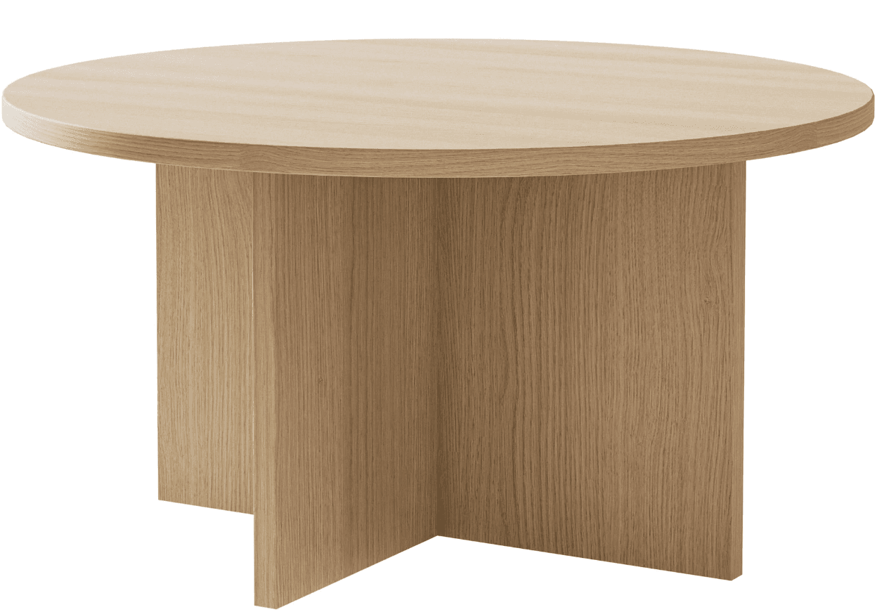 A modern round side table crafted from light oak wood, featuring a circular tabletop and a distinctive cross-shaped pedestal base. The wood displays a natural grain, and the design is minimalist and contemporary. — 3D model