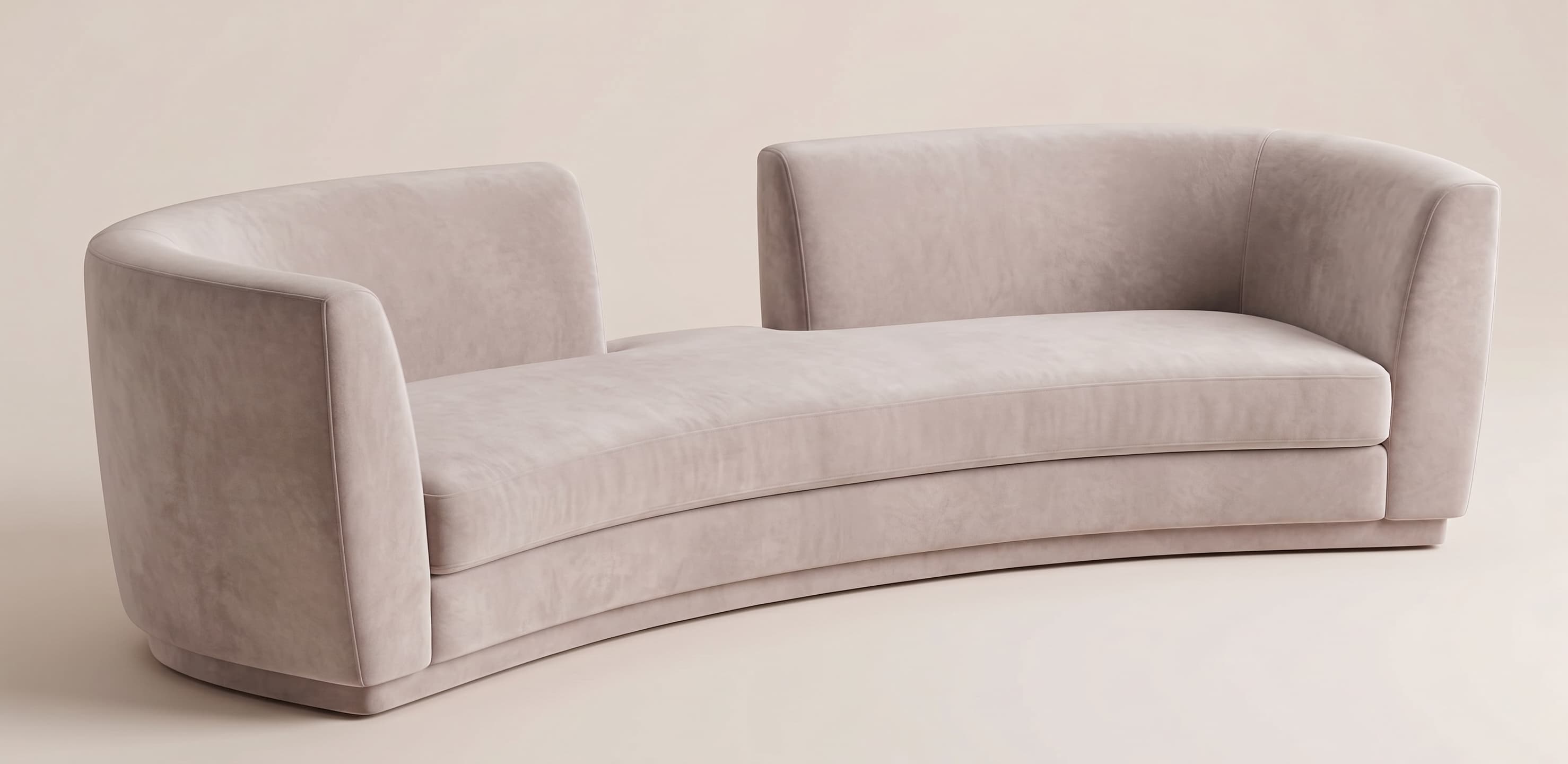A sophisticated semicircular upholstered banquette, featuring a plush velvet fabric in a pale pink or greige hue. The design incorporates two distinct, curved backrests separated by a central gap, suggesting a back-to-back or segmented seating arrangement. It rests on a discreet, recessed plinth base. — 3D model