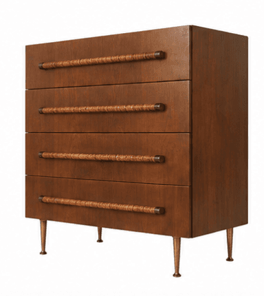 A mid-century modern style chest of drawers featuring four stacked drawers, each with a distinctive wrapped cylindrical handle, supported by slender, tapered brass legs. — 3D model