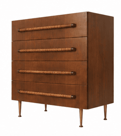 A mid-century modern style chest of drawers featuring four stacked drawers, each with a distinctive wrapped cylindrical handle, supported by slender, tapered brass legs. — 3D model