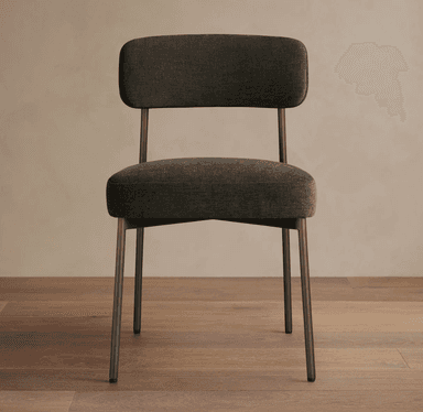 An armless upholstered chair featuring a dark gray fabric seat and backrest, supported by a slender dark metallic frame with four straight legs. — 3D model