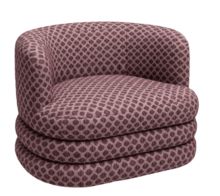 A low-slung, contemporary club armchair featuring a rounded backrest and a distinctive base composed of three stacked, cylindrical upholstered forms. The entire piece is covered in a geometric patterned fabric in shades of maroon and light pink. — 3D model