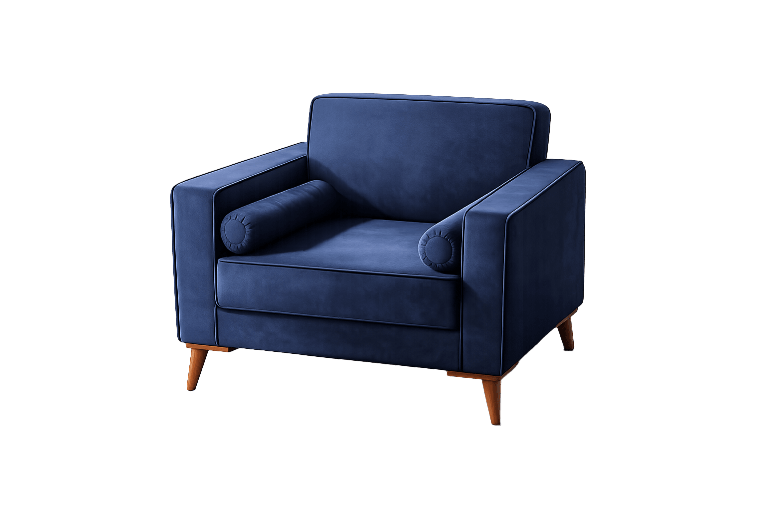 A modern upholstered armchair featuring a deep navy blue velvet fabric. The chair has a boxy, contemporary silhouette with clean lines and piping details along the edges of the cushions, armrests, and backrest. It includes two cylindrical bolster pillows, one tucked into each armrest, providing additional comfort. The armchair is supported by four slender, tapered wooden legs, angled slightly outwards. — 3D model