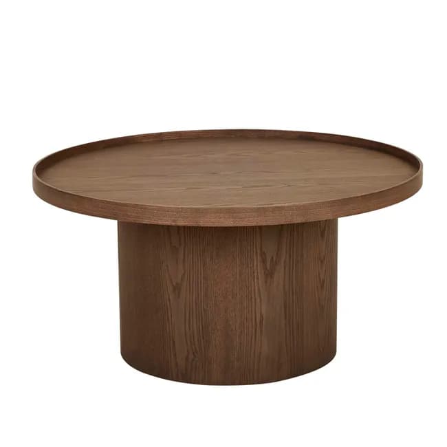 A modern round coffee table featuring a tray-style top and a sturdy cylindrical pedestal base, all constructed from dark-stained wood showcasing a visible grain. — 3D model