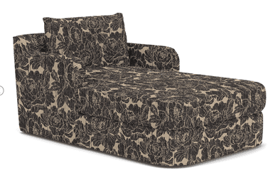 A contemporary chaise lounge upholstered in a dark floral pattern on a light beige background, featuring a single armrest and a loose back cushion. — 3D model