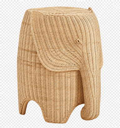 A light brown, natural wicker or rattan storage basket crafted in the shape of an elephant, featuring a removable lid that forms the top of the elephant's head and back. The design includes a curved trunk, distinct ear shapes, and four stout legs, all meticulously hand-woven. — 3D model