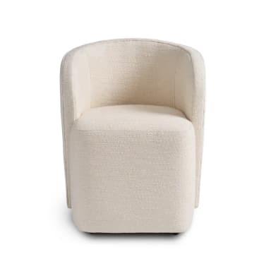 A contemporary barrel-shaped armchair, fully upholstered in a textured off-white boucle fabric, featuring a continuous curved backrest that seamlessly integrates with the armrests. The base is also upholstered. — 3D model