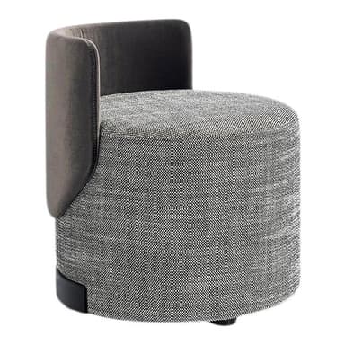 A contemporary cylindrical accent chair featuring a partial, curved backrest. The main body is upholstered in a light grey textured fabric, while the backrest is upholstered in a darker, smooth grey fabric. It rests on a black plinth base, giving it a minimalist and modern appearance. — 3D model