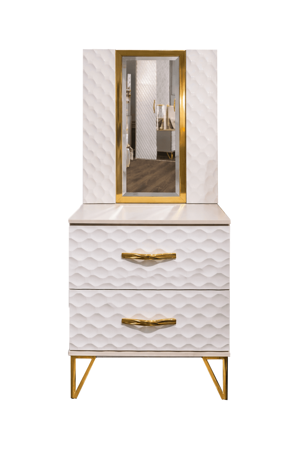 A dresser with a mirror attachment, featuring a wave-like textured pattern on the front panels of its two drawers and the back panel of the mirror structure. It has a white finish and is supported by angled golden legs. The dresser is equipped with two golden, horizontally oriented drawer pulls. The mirror is framed in gold. — 3D model