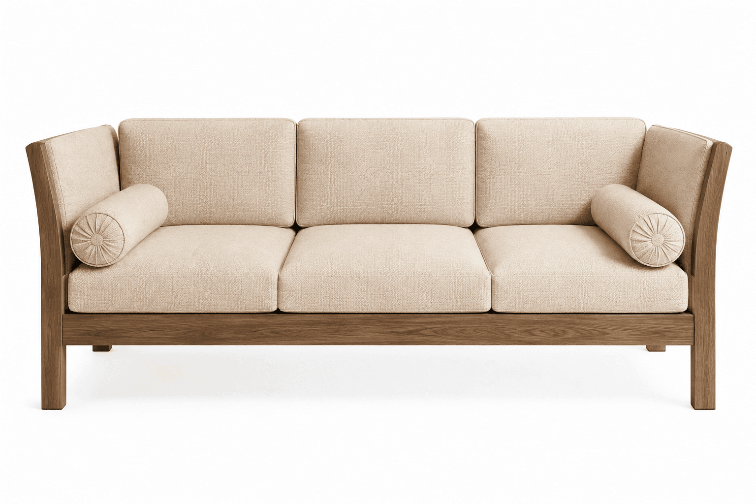 A modern three-seater sofa featuring a robust visible wooden frame in a medium brown tone. The seat and back cushions are upholstered in a light beige or cream textured fabric. Bolster pillows with pleated details are positioned on each armrest, resting against the inner side of the wooden frame. The design emphasizes clean lines and natural materials. — 3D model