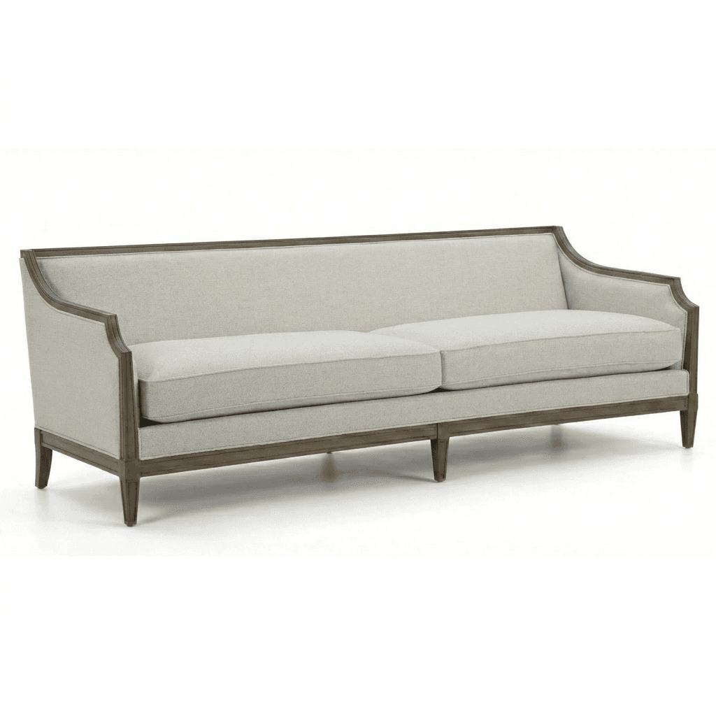 A three-seater sofa with a wooden frame and upholstered cushions. The frame has a distressed wood finish and features curved arms and straight legs. The upholstery is a light-colored, textured fabric. — 3D model