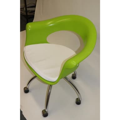 A contemporary swivel chair featuring a vibrant lime green molded shell that forms the backrest and integrated armrests. The seat is padded with a white cushion. The chair rests on a chrome-plated metal four-star base equipped with black caster wheels, suggesting mobility and swivel functionality. — 3D model