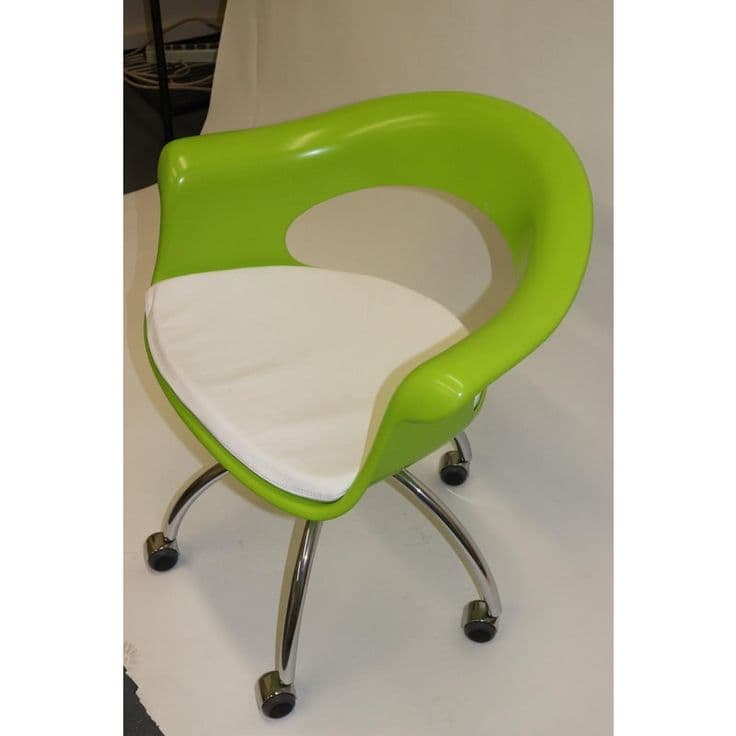 A contemporary swivel chair featuring a vibrant lime green molded shell that forms the backrest and integrated armrests. The seat is padded with a white cushion. The chair rests on a chrome-plated metal four-star base equipped with black caster wheels, suggesting mobility and swivel functionality. — 3D model