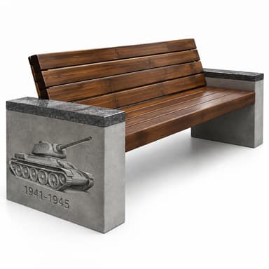 A robust outdoor bench featuring a slatted wooden seat and backrest, supported by thick concrete bases. The concrete bases are topped with polished dark granite armrests. One of the concrete bases features an embossed relief of a military tank above the years "1941-1945", indicating its commemorative purpose. — 3D model