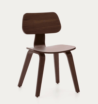 A minimalist, dark brown molded plywood side chair featuring a distinctly curved seat and backrest supported by four splayed, tapered legs. The chair exhibits a seamless, organic form typical of mid-century modern design. — 3D model