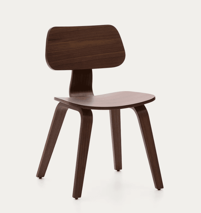 A minimalist, dark brown molded plywood side chair featuring a distinctly curved seat and backrest supported by four splayed, tapered legs. The chair exhibits a seamless, organic form typical of mid-century modern design. — 3D model