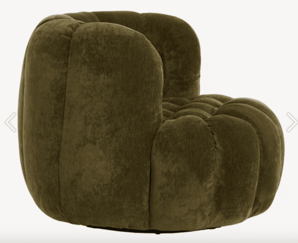 A plush, channel-tufted lounge chair upholstered in olive green velvet, featuring a rounded, voluminous form with a high back and integrated arms, sitting on a concealed base. — 3D model