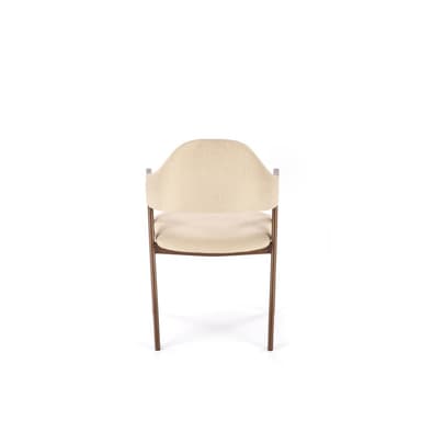 A modern armchair with a curved back and seat, upholstered in a textured light beige fabric. The frame consists of slender, dark-colored legs and arms, suggesting a minimalist design aesthetic. The chair is presented against a plain white background. — 3D model