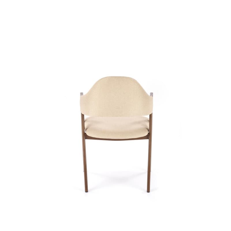 A modern armchair with a curved back and seat, upholstered in a textured light beige fabric. The frame consists of slender, dark-colored legs and arms, suggesting a minimalist design aesthetic. The chair is presented against a plain white background. — 3D model