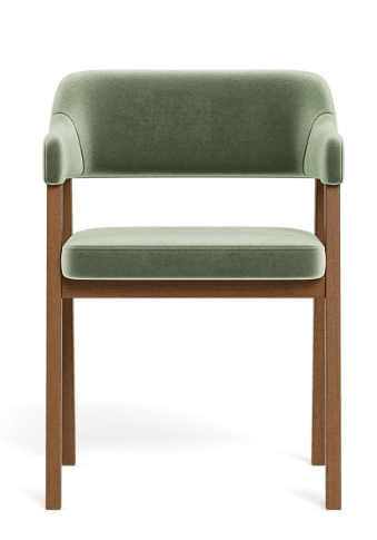 A modern armchair with a wooden frame and upholstered seat and backrest. The upholstery is a soft, textured fabric in a muted green color. The frame has a natural wood finish. — 3D model