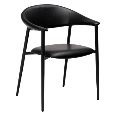 A modern armchair with a curved backrest and seat, upholstered in black material. It features a minimalist design with slim, black metal legs and armrests that blend seamlessly with the frame. — 3D model